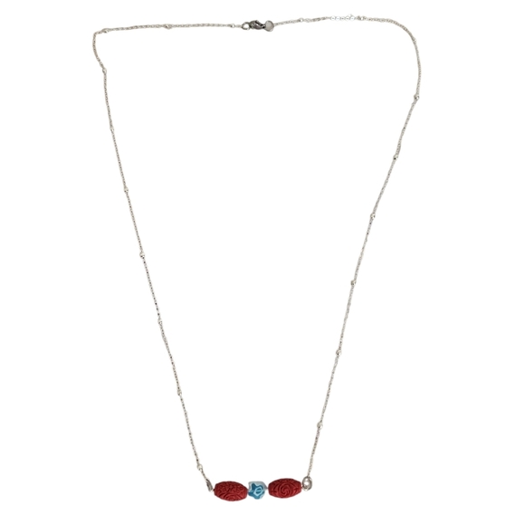 Hand Crafted Silver Plated Carved Cinnabar Millefiori Glass Ball Chain Necklace - Picture 2 of 4